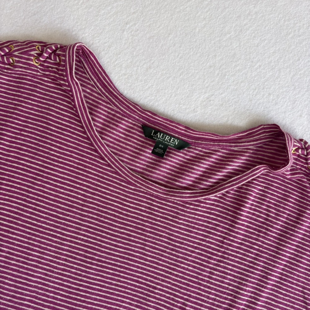 Lauren Ralph Lauren Tee Shirt Top Womens 2X Purple White Striped Linen Laced SS